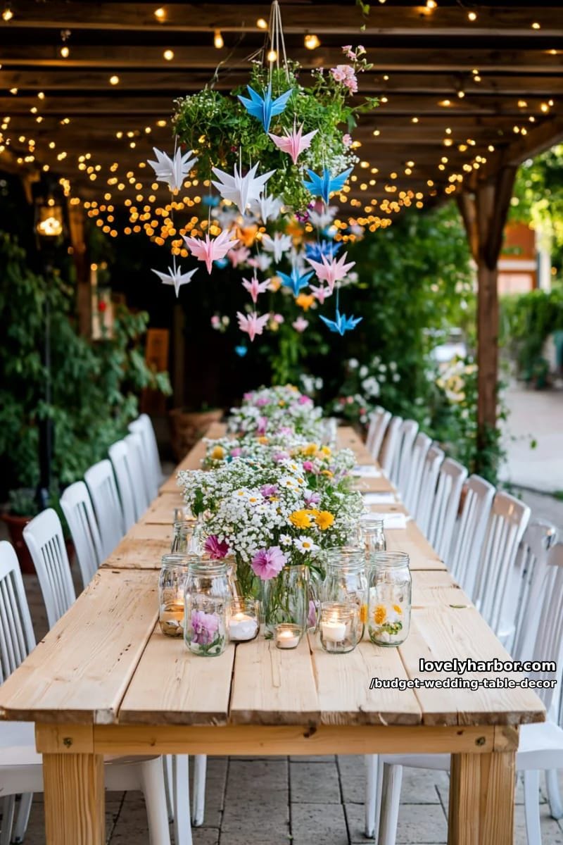 hanging origami cranes above the table with dainty wildflowers in jam jars 1