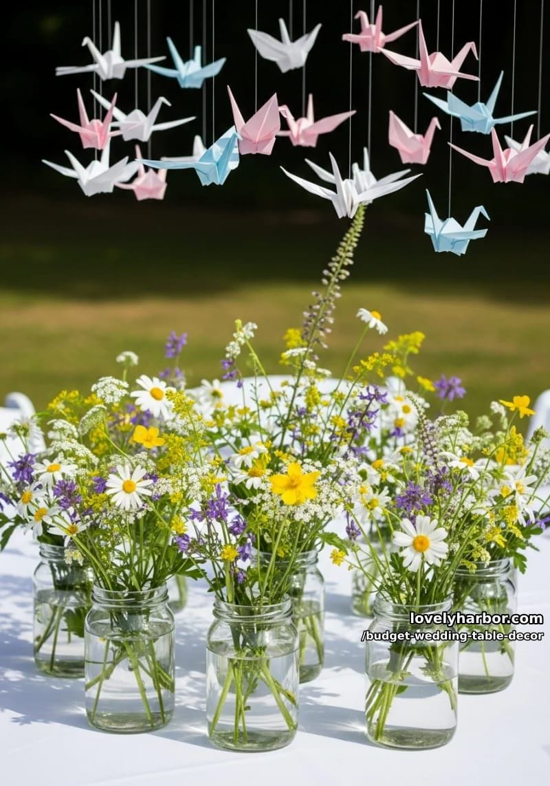 hanging origami cranes above the table with dainty wildflowers in jam jars 1