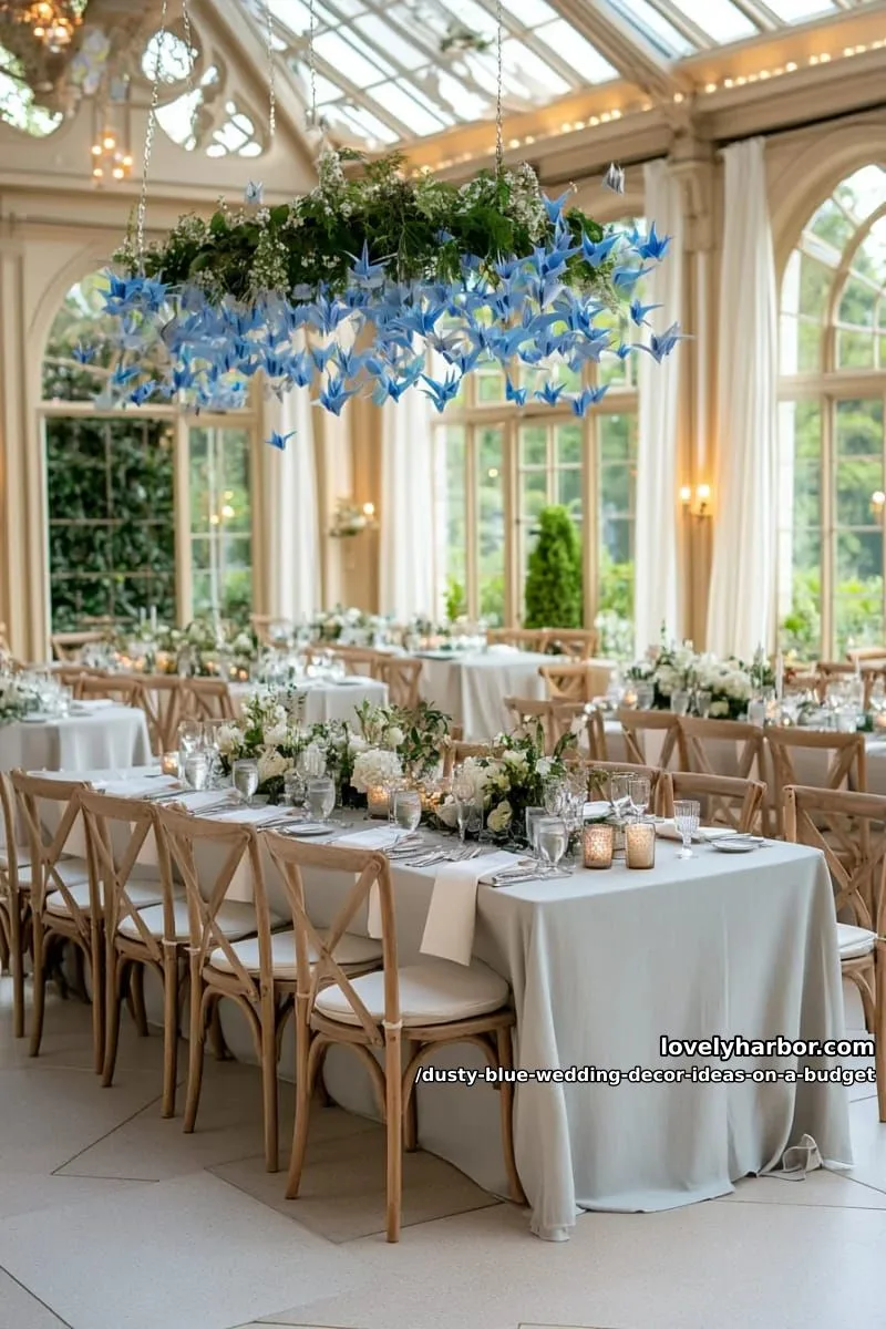 hanging origami cranes in dusty blue above the head table 1