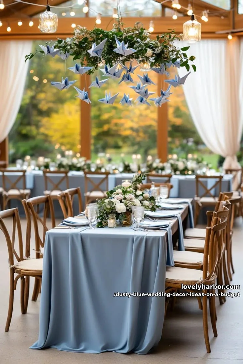 hanging origami cranes in dusty blue above the head table 1