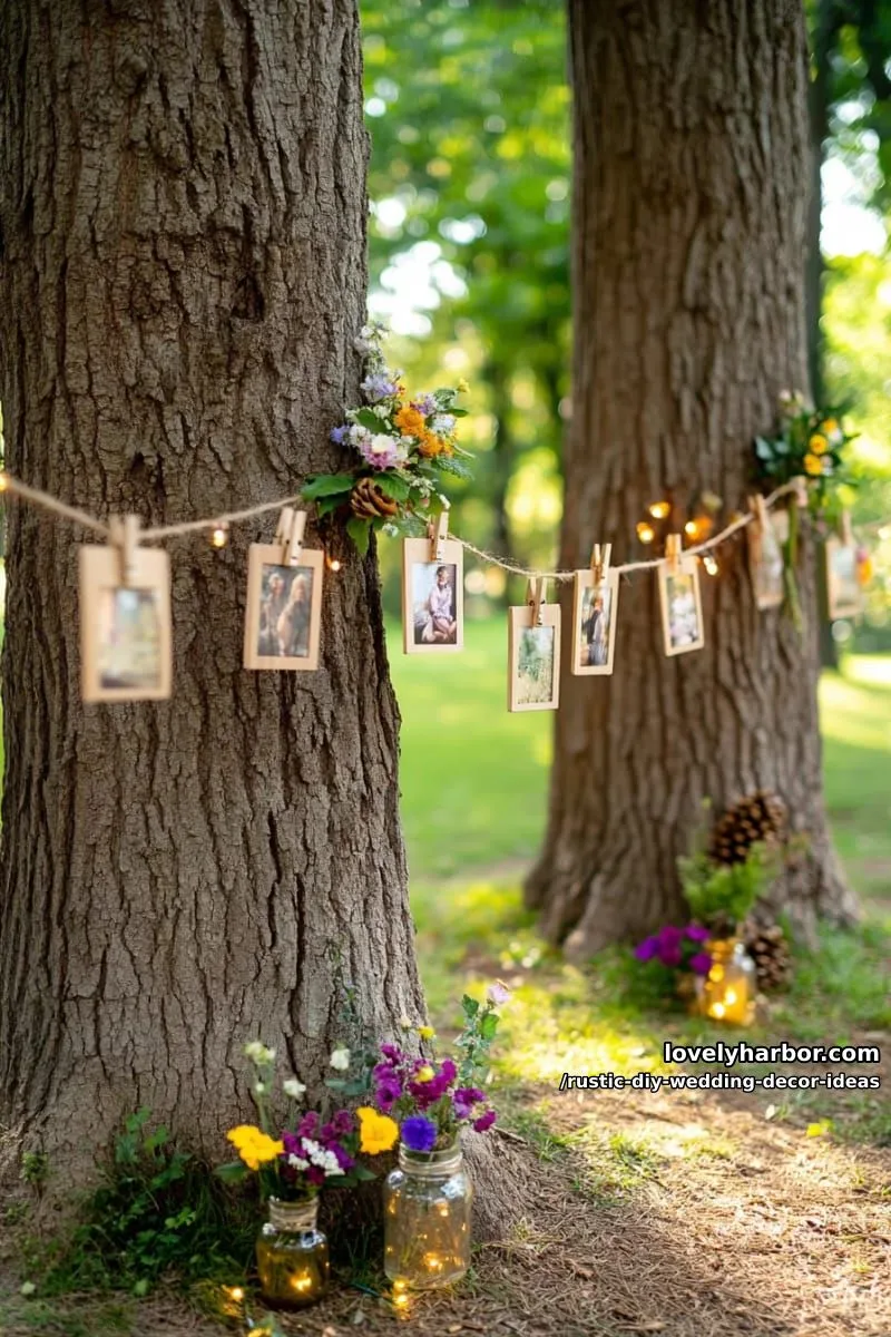19 Rustic DIY Wedding Decor Ideas with Dreamy Vibes 35 hanging photo memories clipped on twine between two trees 1