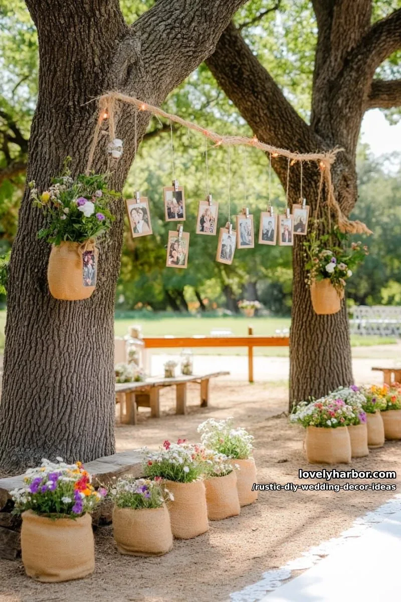 19 Rustic DIY Wedding Decor Ideas with Dreamy Vibes 36 hanging photo memories clipped on twine between two trees 1