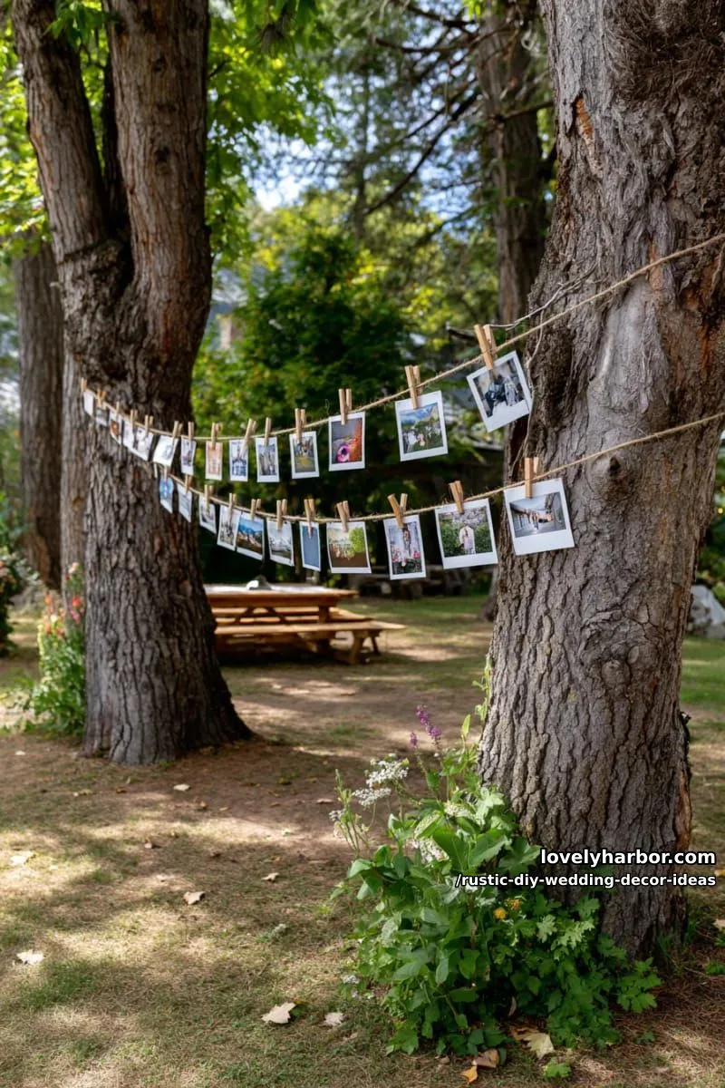 19 Rustic DIY Wedding Decor Ideas with Dreamy Vibes 37 hanging photo memories clipped on twine between two trees 1