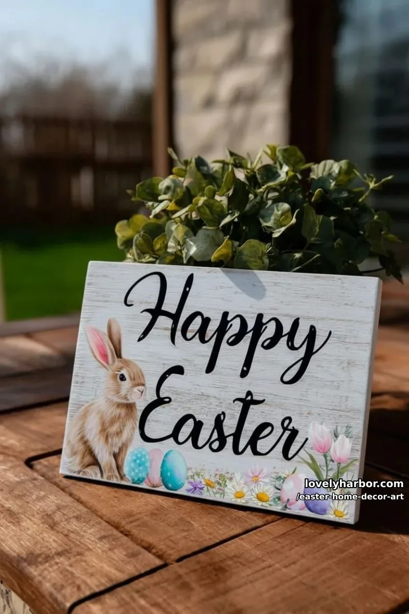 “happy easter” hand-lettered sign with pastel watercolor bunny illustration 1