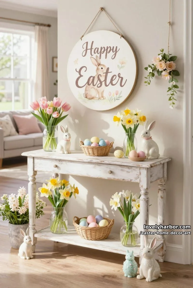 “happy easter” hand-lettered sign with pastel watercolor bunny illustration 1