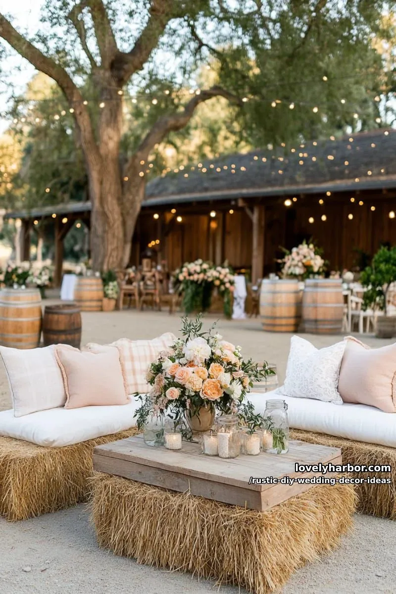 19 Rustic DIY Wedding Decor Ideas with Dreamy Vibes 21 hay bale lounge seating area with plaid and lace pillows 1