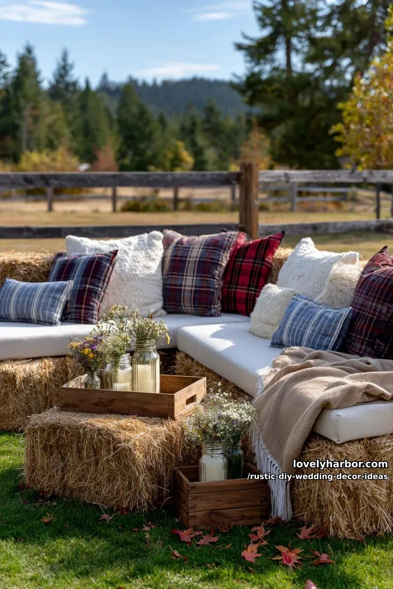 19 Rustic DIY Wedding Decor Ideas with Dreamy Vibes 22 hay bale lounge seating area with plaid and lace pillows 1