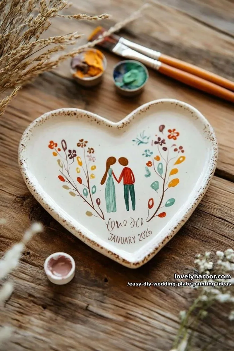 heart-shaped plate with playful doodled couple and wedding date below 1