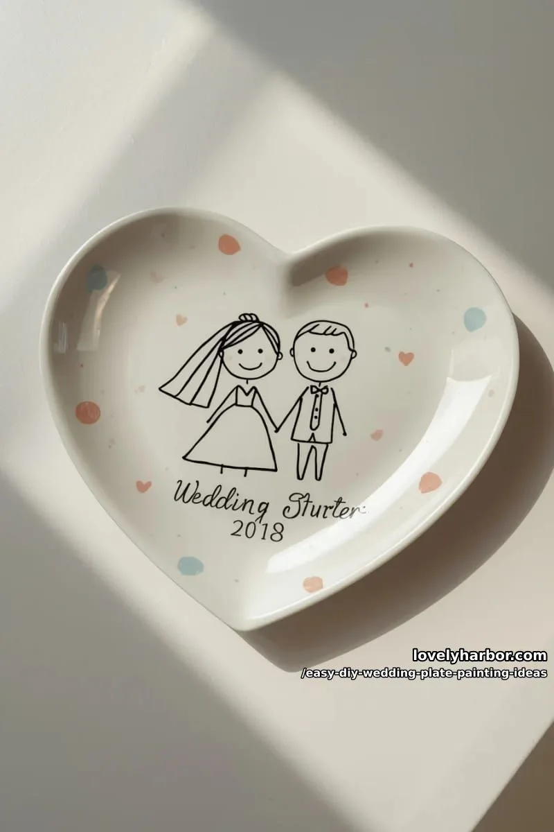 heart-shaped plate with playful doodled couple and wedding date below 1