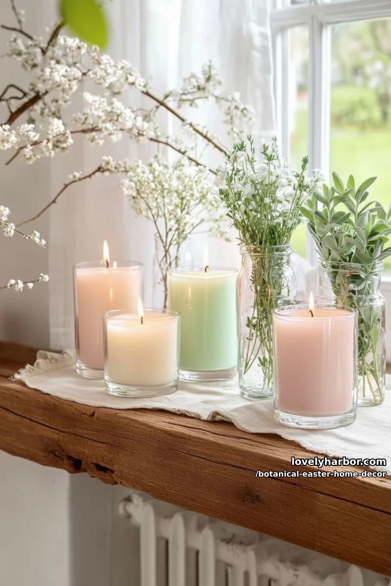 herb-filled vases and pastel candle groupings on a wooden mantel 1