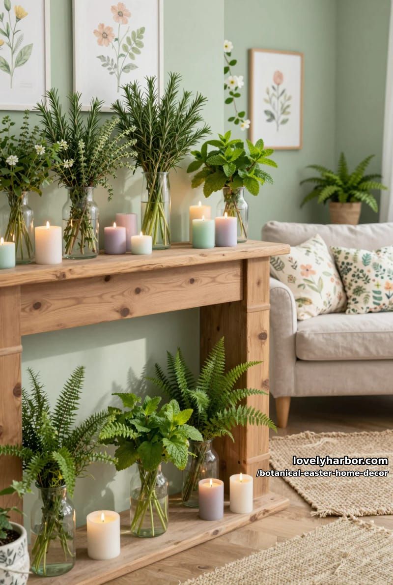 herb-filled vases and pastel candle groupings on a wooden mantel 1