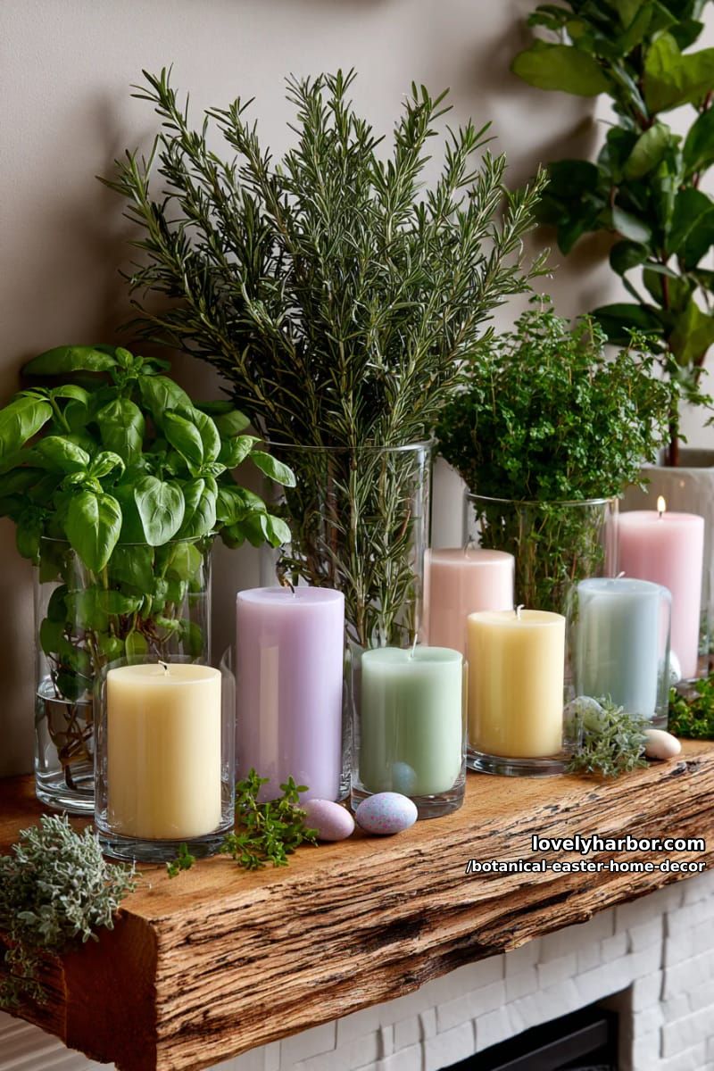 herb-filled vases and pastel candle groupings on a wooden mantel 1