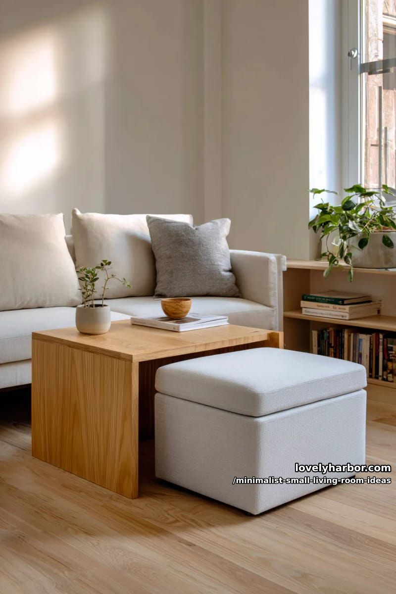 hidden storage ottoman and stackable nesting tables in light oak 1