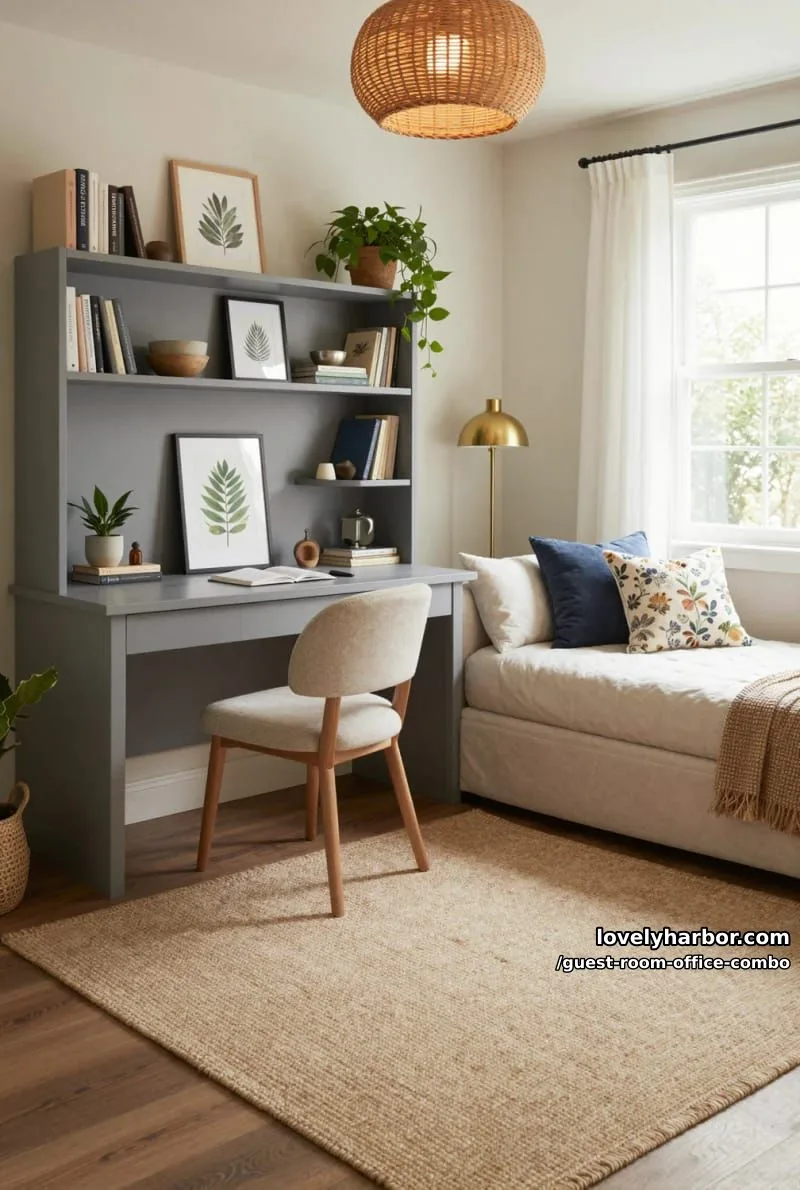 home office guest room with gray desk, shelving, cushioned daybed, and rattan lamp. 1