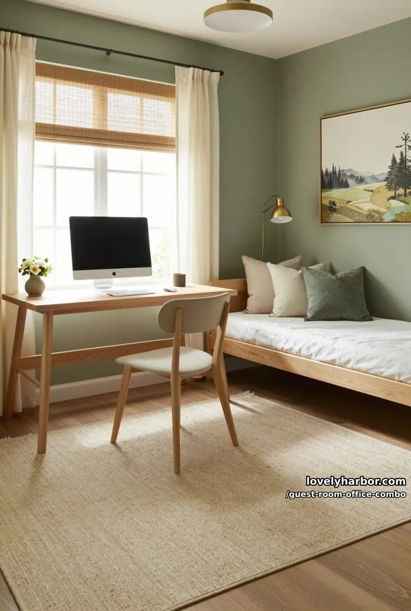 home office with sage green walls, wood desk, daybed, and landscape artwork. 1