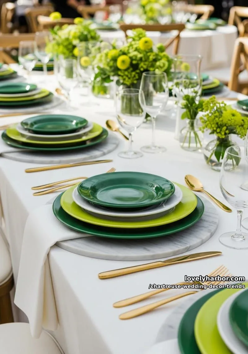 15 Chartreuse Wedding Decor Trends You Should Try 11 hunter green and chartreuse layered place settings with marble chargers 1