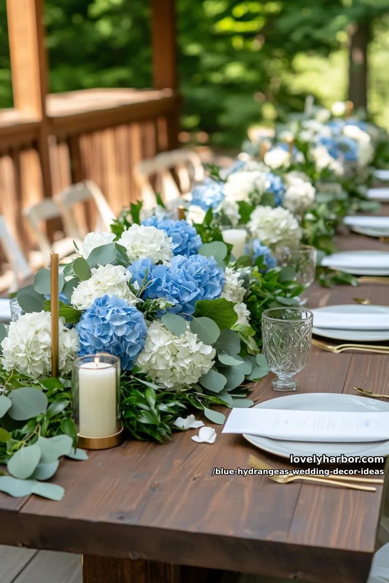 hydrangea and eucalyptus runner cascading off rustic banquet tables 1