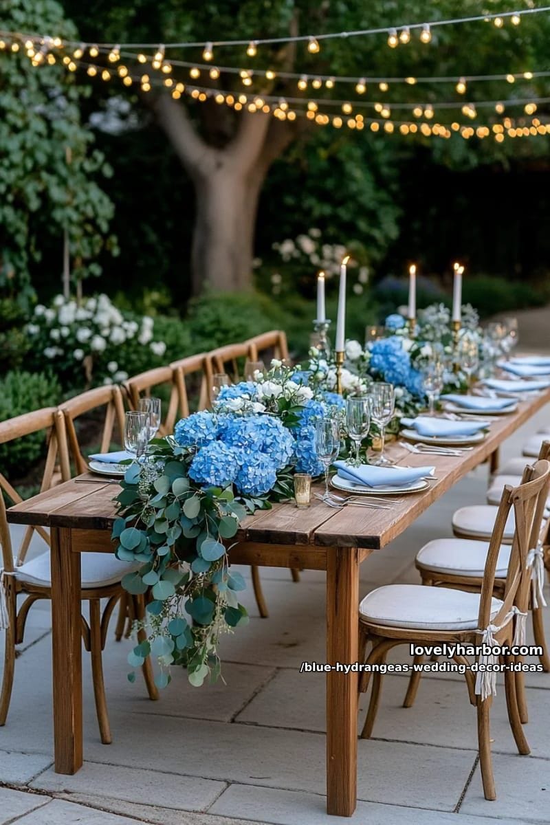 hydrangea and eucalyptus runner cascading off rustic banquet tables 1