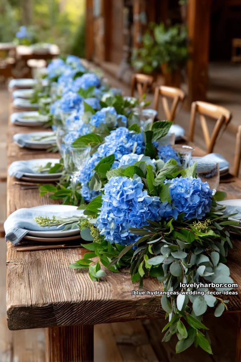 hydrangea and eucalyptus runner cascading off rustic banquet tables 1