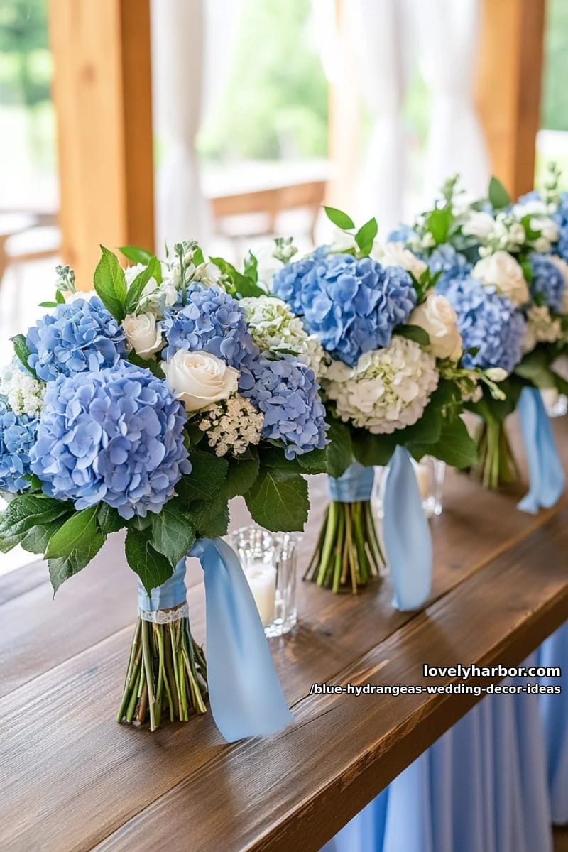 hydrangea bouquets paired with pale blue silk ribbons for bridesmaids 1