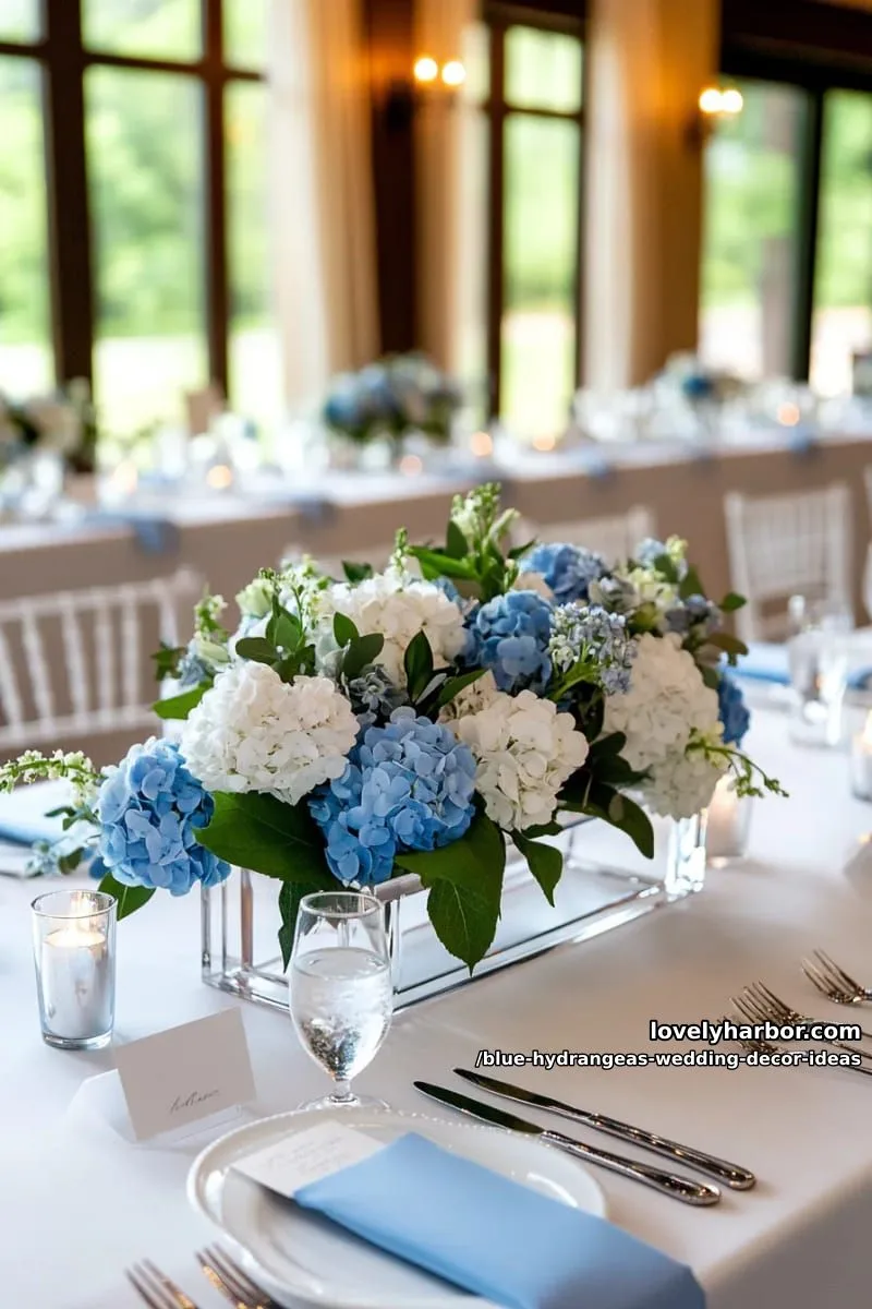hydrangea-filled clear acrylic boxes as chic centerpiece displays 1
