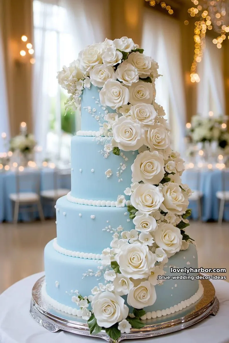ice blue wedding cake adorned with cascading sugar roses and crystals 1