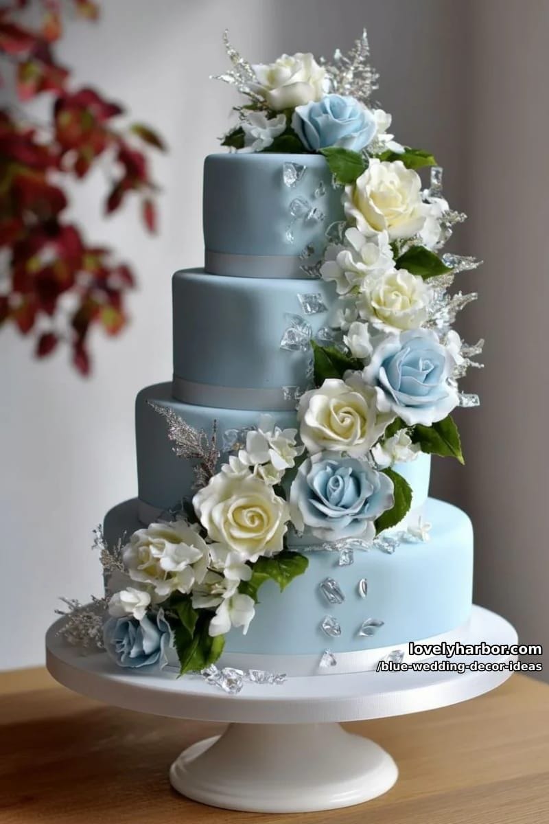 ice blue wedding cake adorned with cascading sugar roses and crystals 1