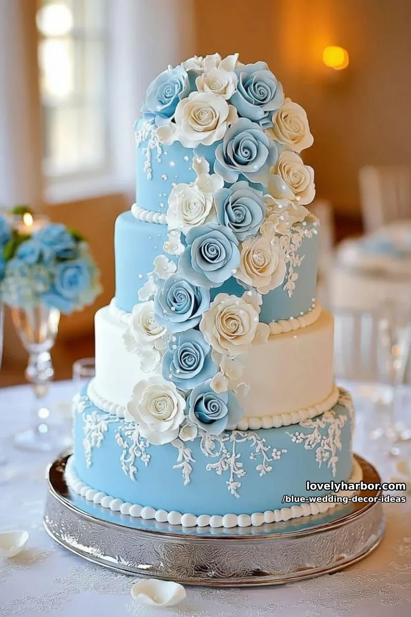 ice blue wedding cake adorned with cascading sugar roses and crystals 1
