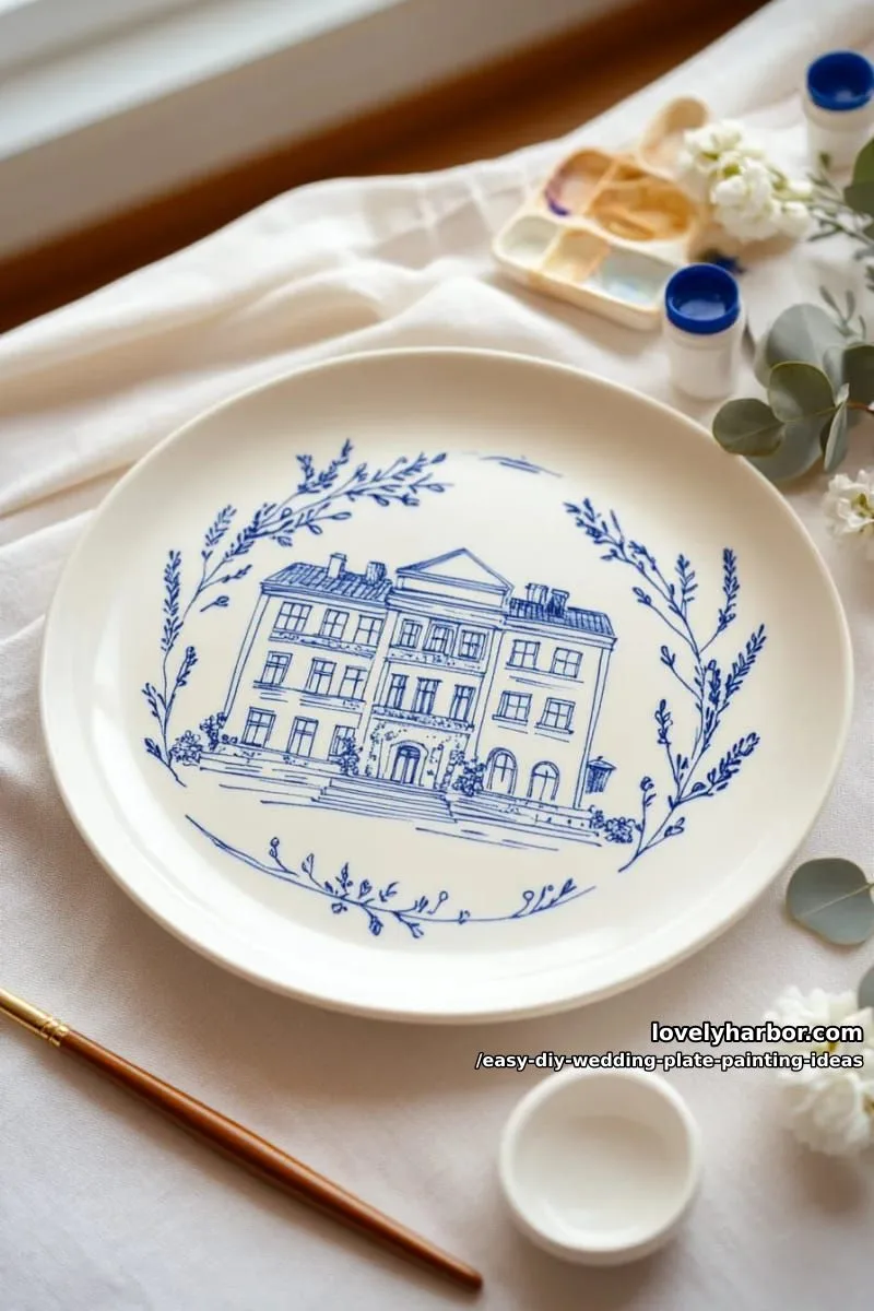 illustrated wedding venue facade with soft blue linework 1