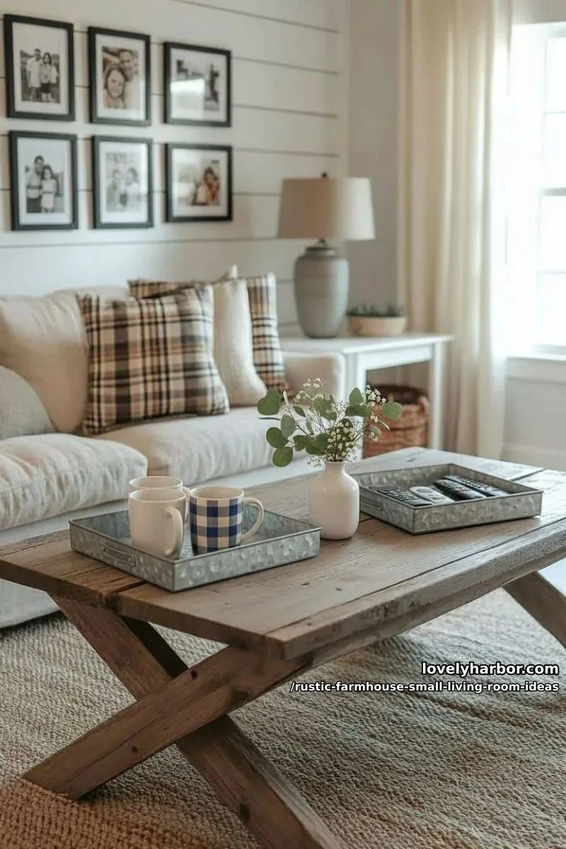 incorporate galvanized metal trays for remote and mug organization 1