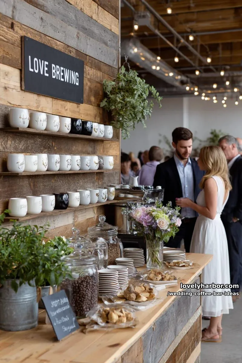interactive “love is brewing” mug wall for guests to choose keepsakes 1