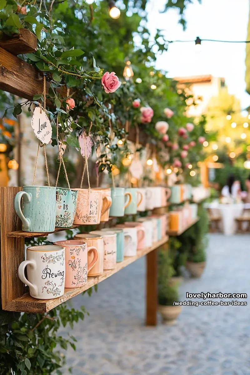 interactive “love is brewing” mug wall for guests to choose keepsakes 1
