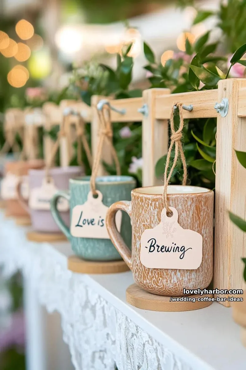 interactive “love is brewing” mug wall for guests to choose keepsakes 1
