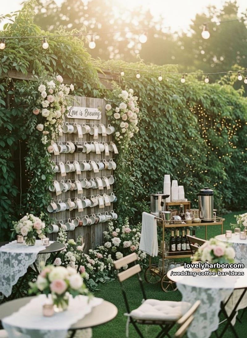 interactive “love is brewing” mug wall for guests to choose keepsakes 1