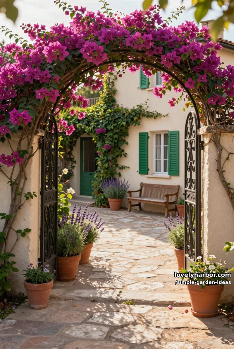 iron gate with bougainvillea arch and path to cream-colored house 1