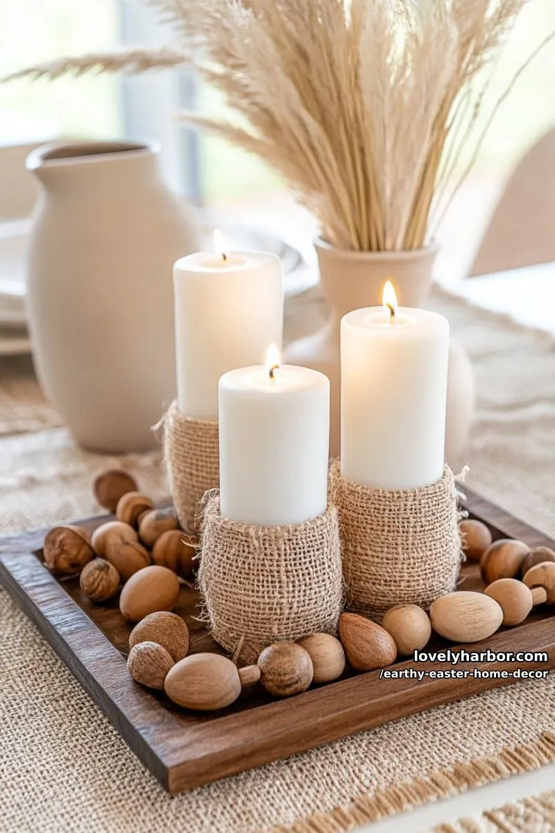 15 Earthy Easter Home Decor For A Nature-Friendly Seasonal Touch 4 jute-wrapped candle holders with natural wood accents and dried grass 1