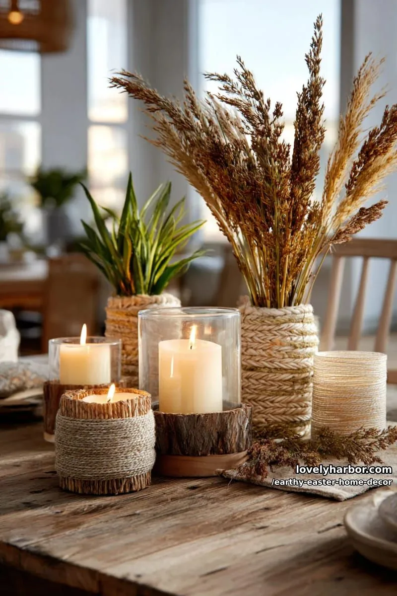 15 Earthy Easter Home Decor For A Nature-Friendly Seasonal Touch 5 jute-wrapped candle holders with natural wood accents and dried grass 1