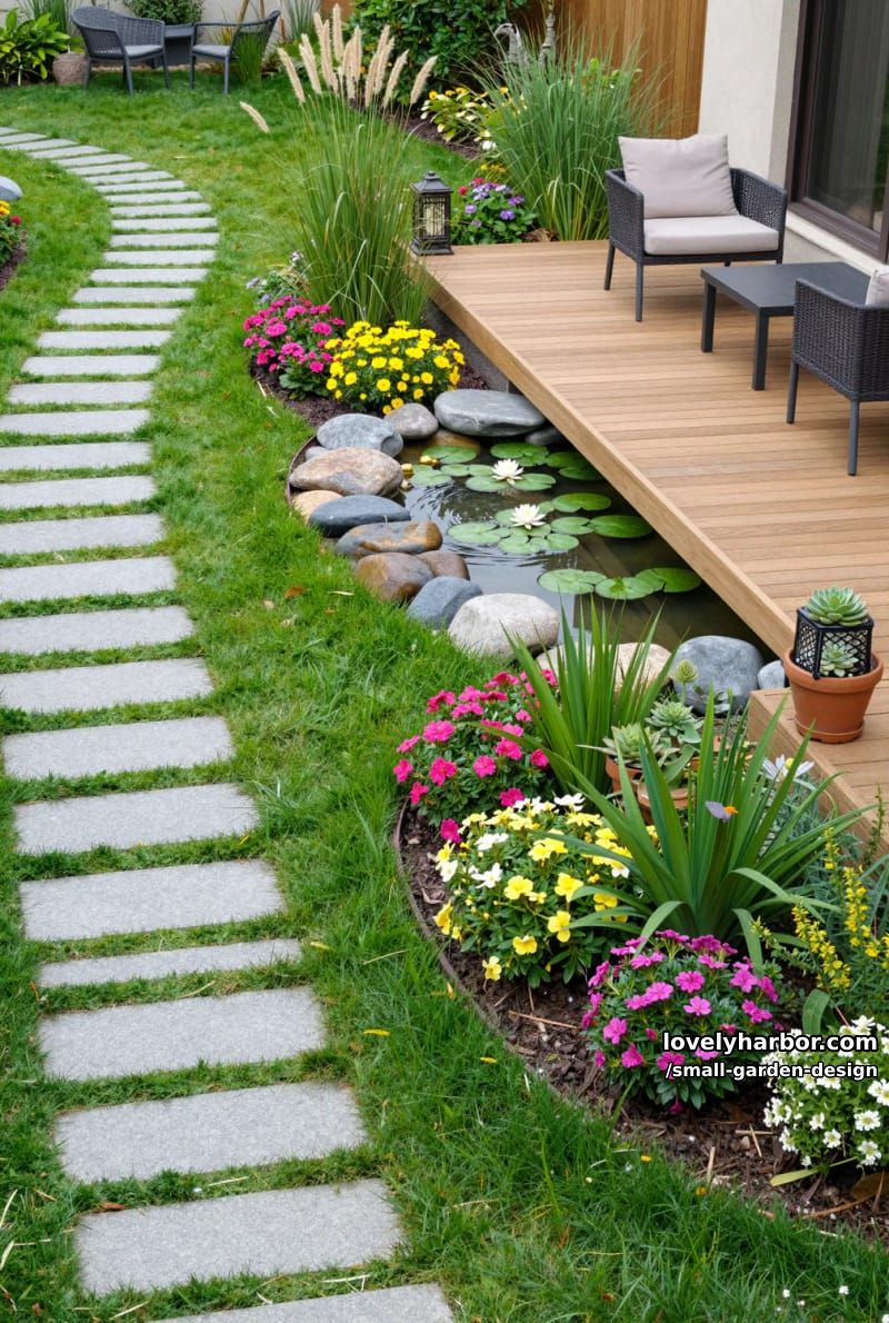 landscaped backyard with curved paths, wooden deck, pond, and vibrant flowers. 1