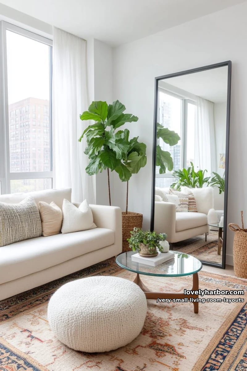 large floor mirror reflecting natural light from a single window 1