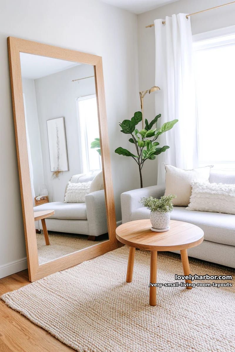 large floor mirror reflecting natural light from a single window 1