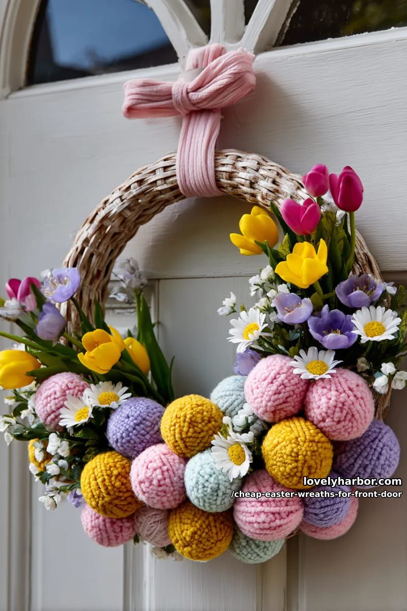 laundry basket ring base with yarn pom-poms and flowers 1