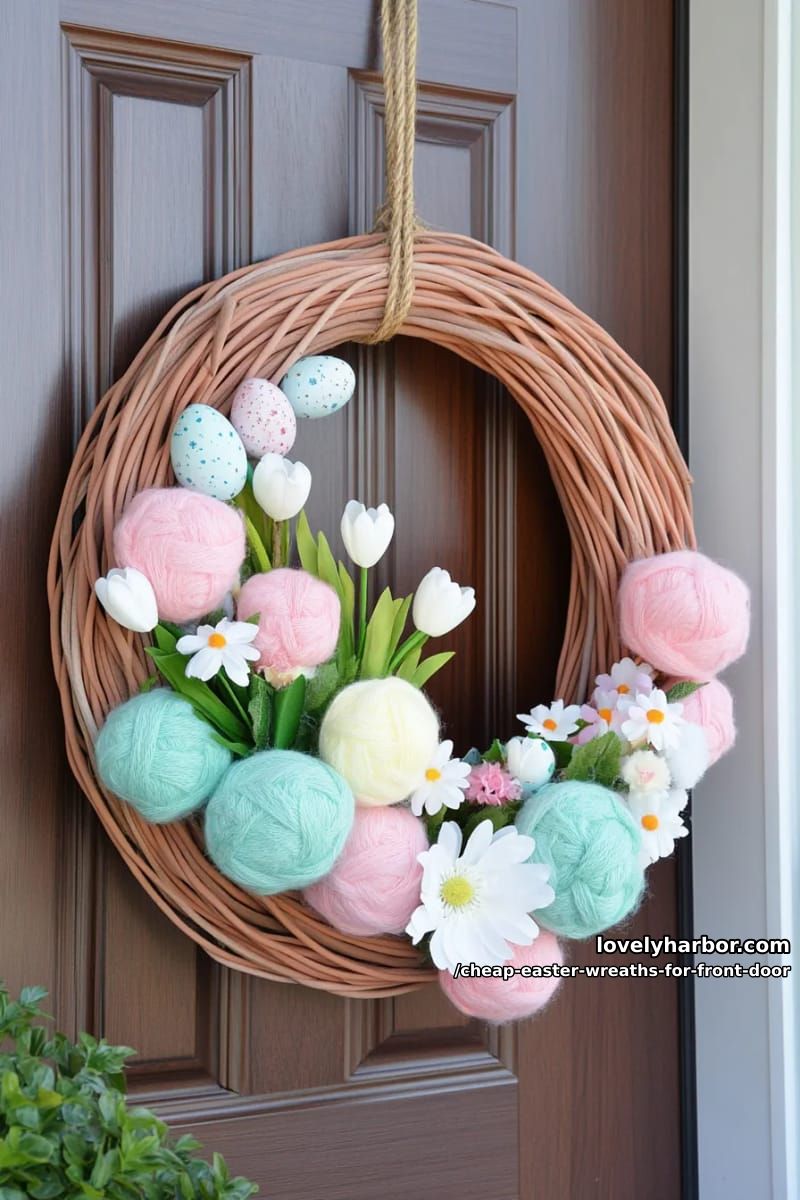 laundry basket ring base with yarn pom-poms and flowers 1
