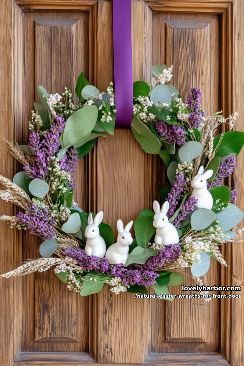 lavender and sage wreath adorned with small white ceramic bunnies 1