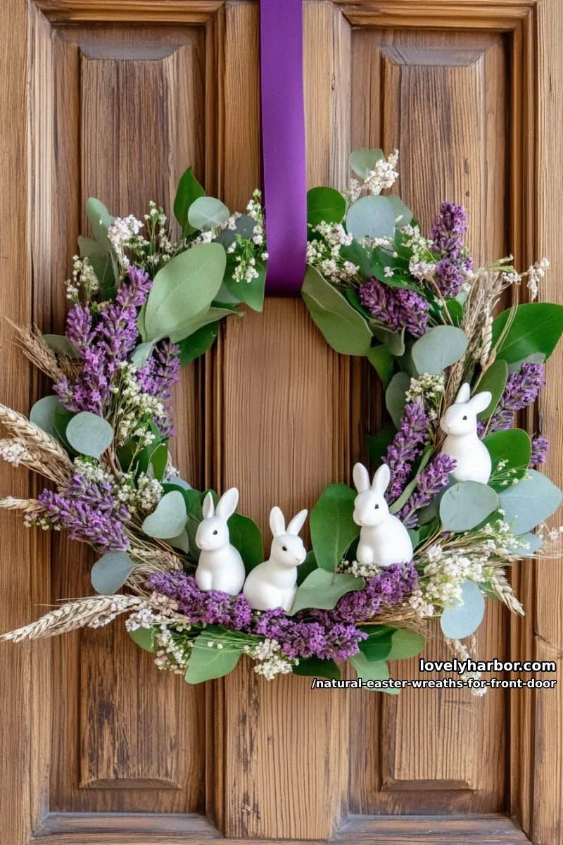 lavender and sage wreath adorned with small white ceramic bunnies 1