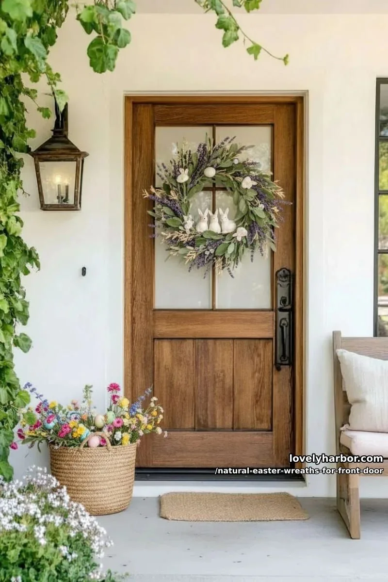 lavender and sage wreath adorned with small white ceramic bunnies 1