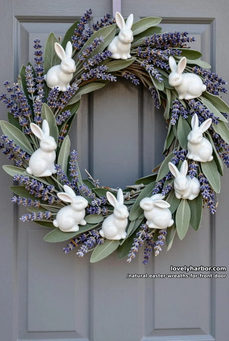 lavender and sage wreath adorned with small white ceramic bunnies 1
