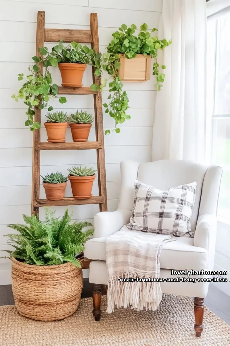 layer greenery in terracotta pots on rustic wooden ladder shelves 1
