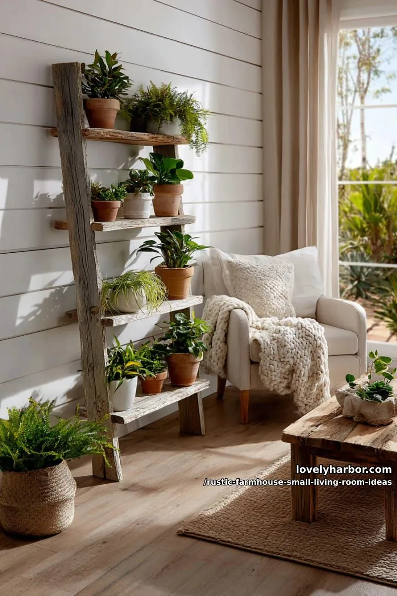layer greenery in terracotta pots on rustic wooden ladder shelves 1