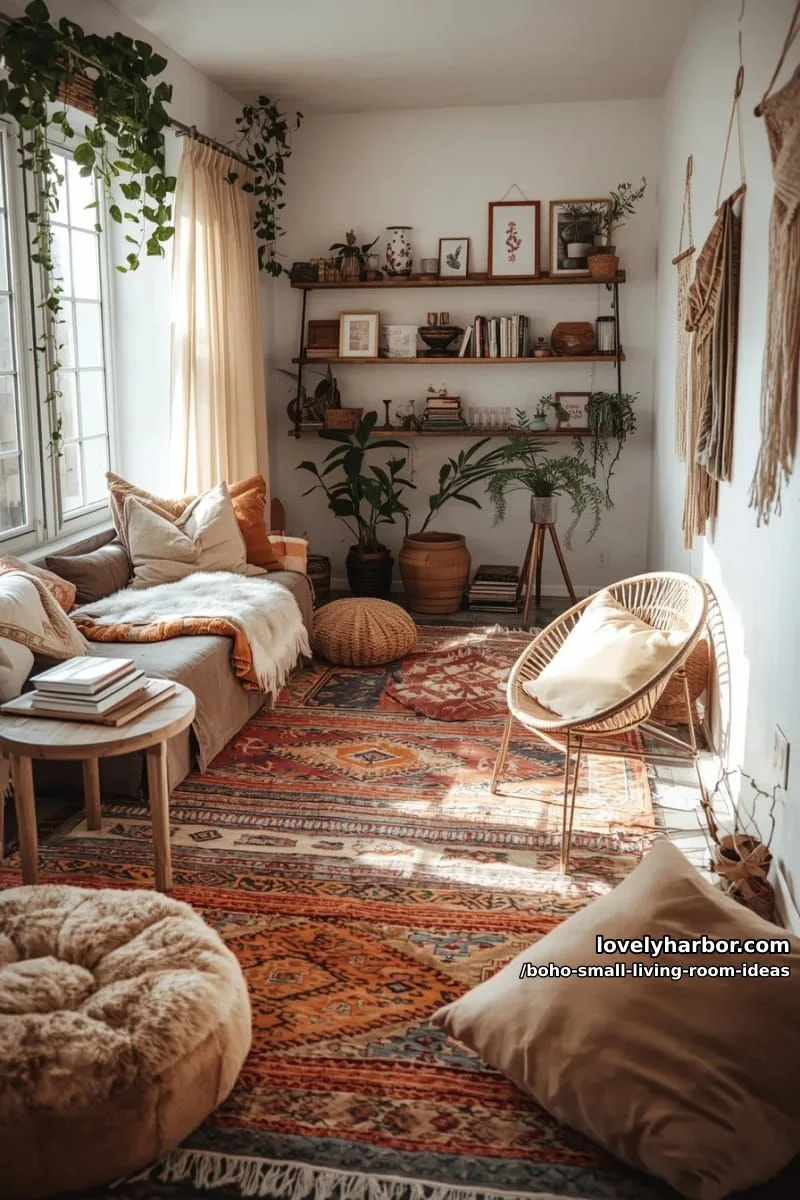 15 Boho Small Living Rooms Ideas That Turn Tiny Spaces Into Cozy Sanctuaries 2 layer vintage kilim rugs with poufs for a cozy reading nook. 1