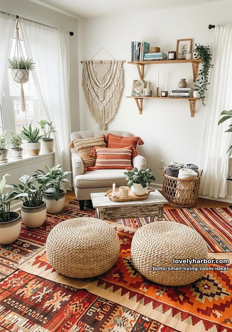 layer vintage kilim rugs with poufs for a cozy reading nook. 1